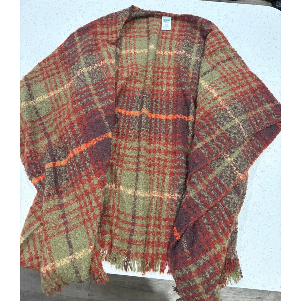 Woolrich Green Label Plaid Poncho Wrap Open Front Olive Burgundy OS